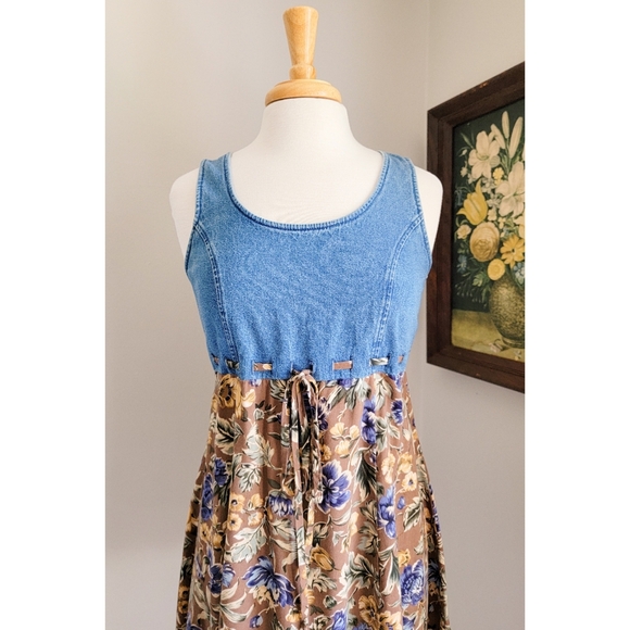 90s Denim Floral Tie Waist Scoop Neck 1990s Vintage Mini Dress - Picture 5 of 15
